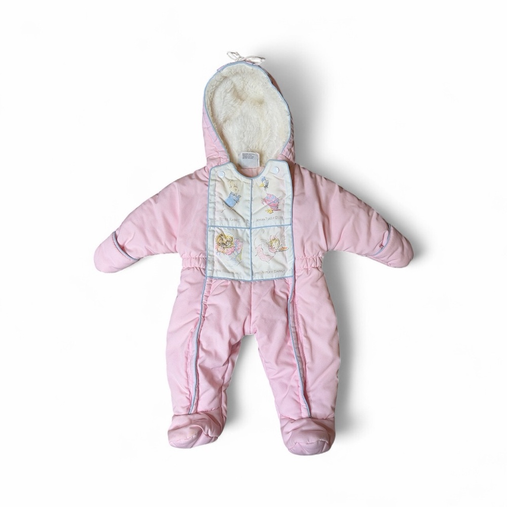 Quiltex Beatrix Potter Vintage Baby Snowsuit Pink Fleece Lined Hood 6 Months